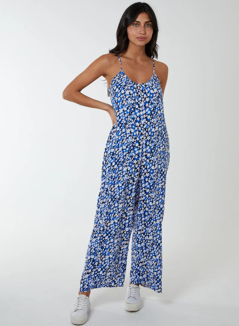 Blue Vanilla  Ditsy Printed Oversized Wide Leg Jumpsuit for Women | Best Price UAE